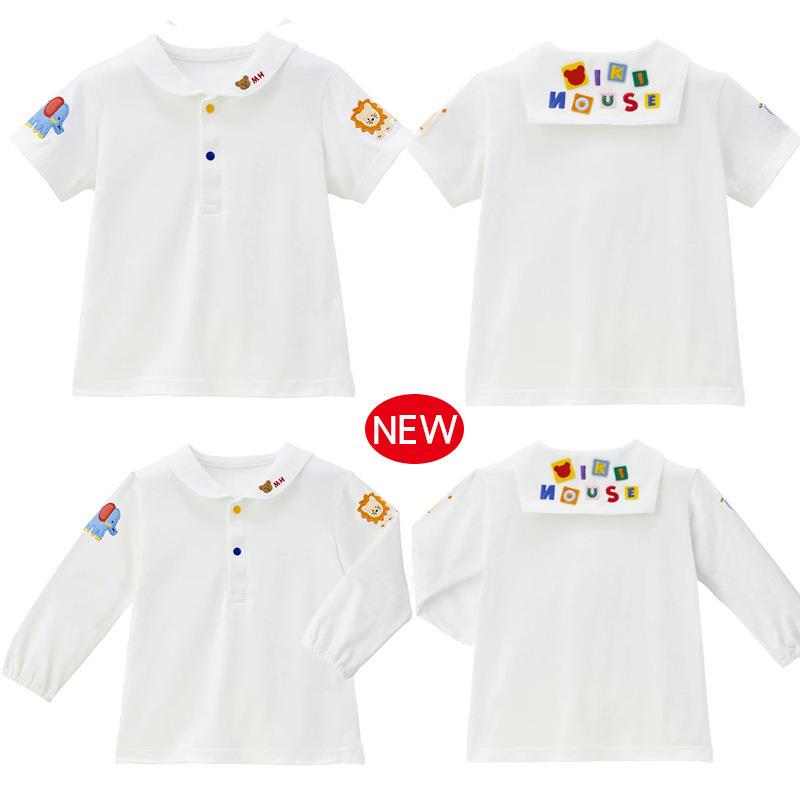 Japanese Trendy Children's Clothing Shirts, New Cartoon Bear Navy Collar Embroidered Short-Sleeved and Long-Sleeved Shirts for Boys and Girls