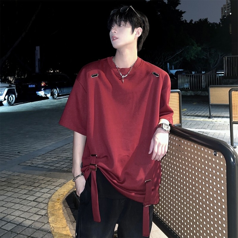 Unique Metal Design Adjustable Strap T-Shirt, Heavyweight Loose Fit, Unisex Summer Short-Sleeve Trendy High Street Style Unique Metal Design Adjustable Strap T-Shirt, Heavyweight Loose Fit, Unisex Summer Short-Sleeve Trendy High Street Style
