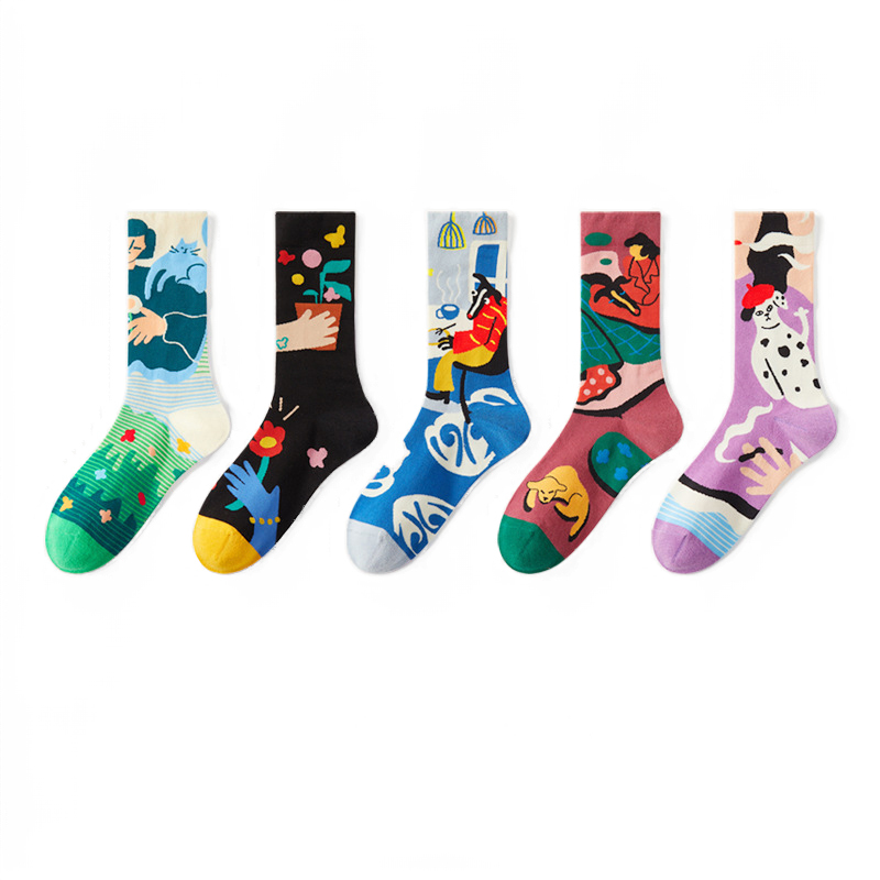 Jacquard Women's Socks, Men's Mid-Tube Seamless Versatile Personality Cartoon Anime Sports Couple Cotton Socks, Trendy Autumn Style