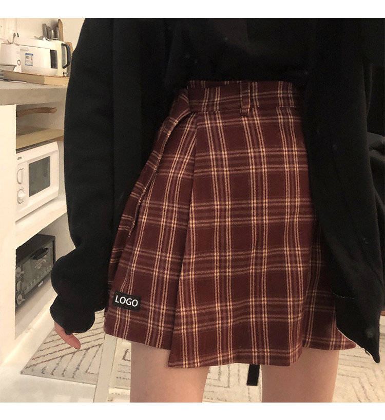 Original Jiu Mezi Real beat Han Wind ulzzang College cute 100 lap high waist irregular checkered half body pants skirt woman