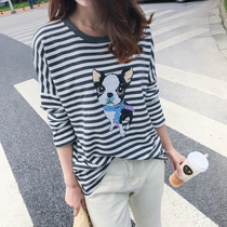 2021 spring out nursing clothes Long-sleeved cotton large size simple striped fashion casual T-shirt postpartum feeding clothes