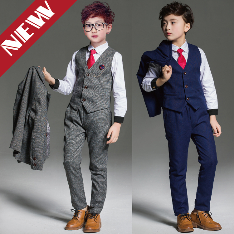 Children's small suits 2020 boys' suits autumn and winter plus velvet British middle-aged children's flower girl dress costumes