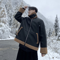 (VERA MENS) South Korea loose lapel fur one lamb wool motorcycle leather jacket thickened coat Chao man