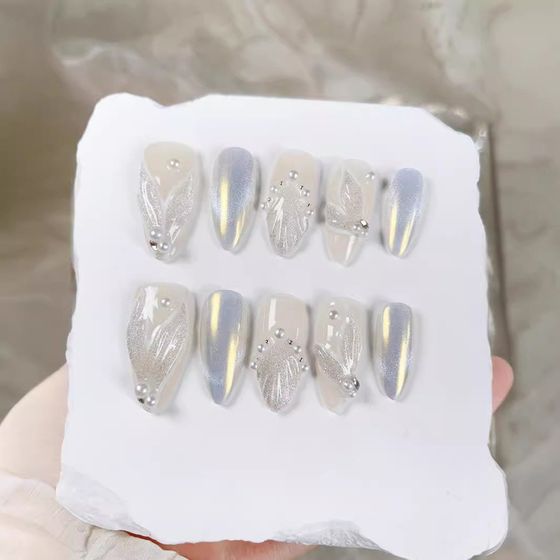 Purely Handmade Almond-Shaped Wearable Nails, Hand-Painted Fishtail Phototherapy Nail Patches, Finished High-End Light Luxury Fake Nails, Removable