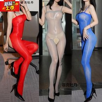 Oily silk thin style oily tube top horse oil pants sexy suspenders tight and tempting reflective black silk jumpsuit