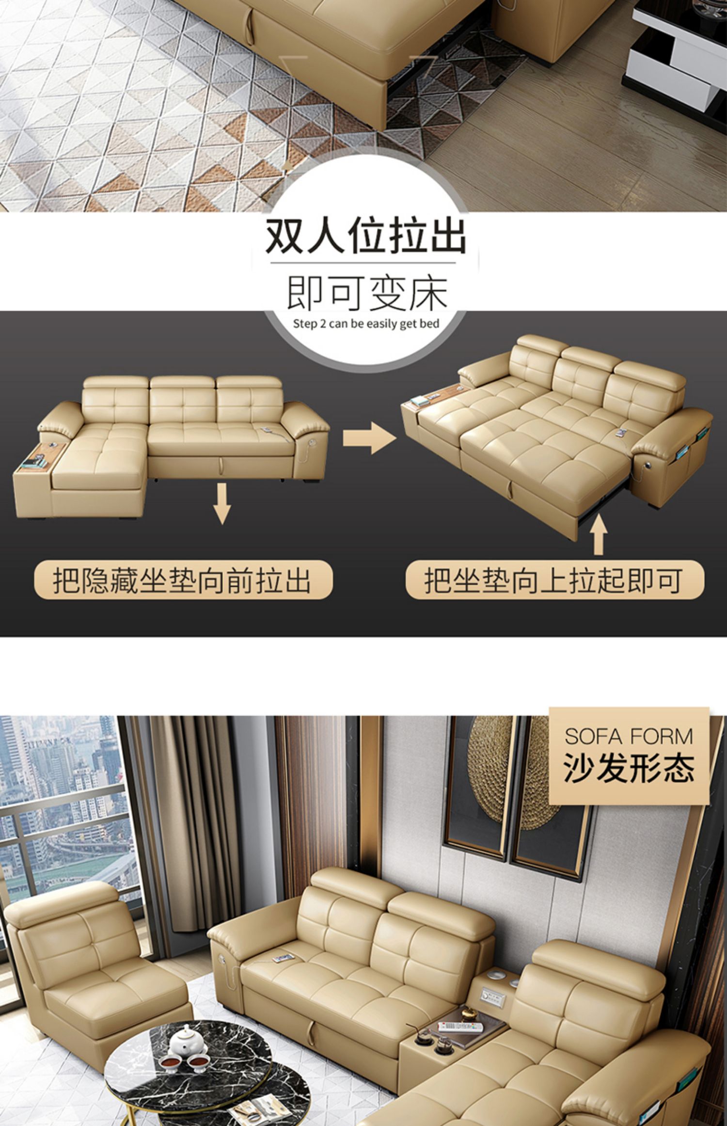 sofa da hiện đại giường da bò có thể gập lại ghế sofa da kết hợp của hai sử dụng căn hộ kích thước phòng khách sẵn sàng - Ghế sô pha ghế bành thư giãn