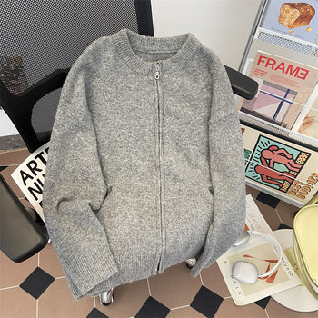Gray retro double zipper sweater for men 2025 early autumn outer baseball uniform sweater jacket autumn and winter new top Gray retro double zipper sweater for men 2025 early autumn outer baseball uniform sweater jacket autumn and winter new top