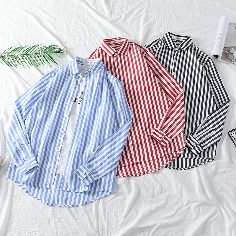 ins Trendy Men's Shirts Hong Kong Style Couple Striped Shirts Long-Sleeved Korean Version Thin Internet Celebrity Shirts Student Fashion