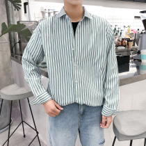 Mens shirt jacket long sleeve autumn handsome loose slim slim Korean trend students Joker Hong Kong style striped shirt