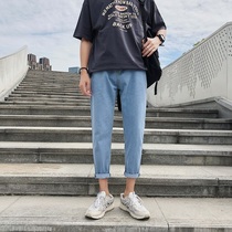 2021 Hong Kong wind nine points jeans Tide brand loose straight pants boys summer Korean trend student casual pants