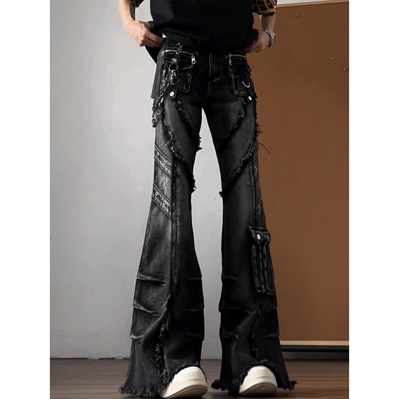 Unique Designer Chain-Decorated Ripped Workwear Jeans for Men, American Vibe Style, Wide-Leg Pants with Slight Flare