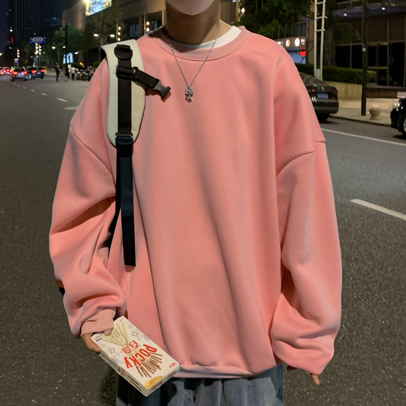 2025 Autumn/Winter Solid Color Versatile Student Trendy Brand Loose Hong Kong Style Couple's Fleece-Lined Salt Style Crew Neck Pullover Sweatshirt