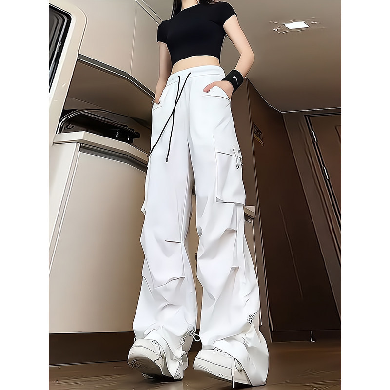 White Ice Silk Quick-Drying Multi-Pocket Cargo Pants for Men and Women, Thin Parachute-Style Waterproof Outdoor Hiking Pants