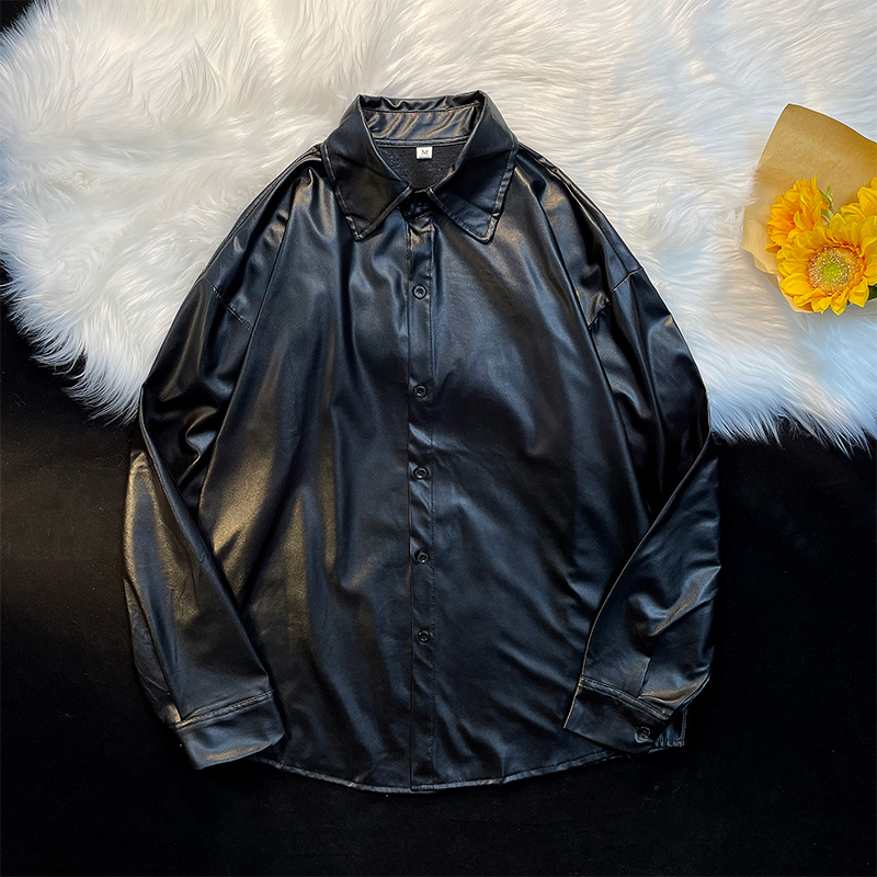 Japanese Style Unisex Oversized American Button-Up Leather Shirt Loose Harajuku Style Couple Streetwear Pu Leather Jacket