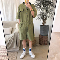 Japanese overalls and shorts ins Tide brand mens retro loose short sleeve jumpsuit