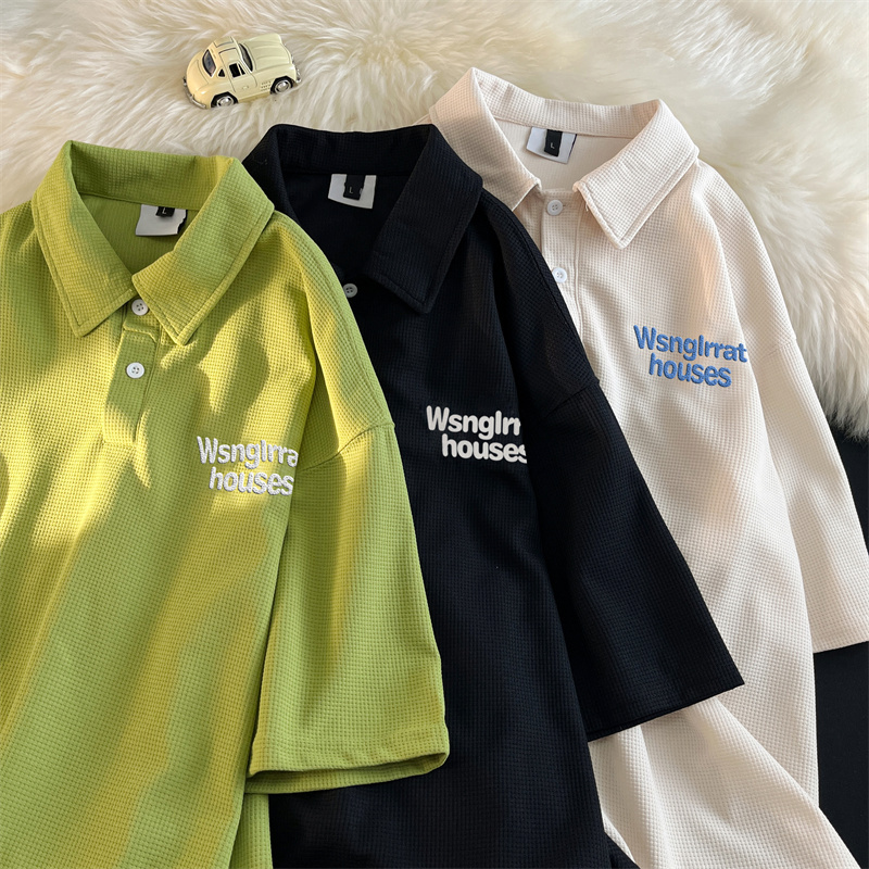 2025 Summer Waffle Knit T-Shirt Polo Shirt Short-Sleeve Unisex Turn-Down Collar Top Base Layer Student Trendy Casual Fashion