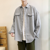 2021 spring new mens Japanese Plaid long sleeve shirt Korean loose Youth student coat tide