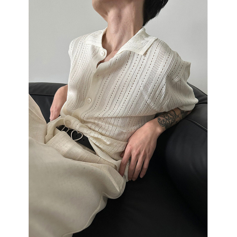 Old Money Style Hollow-Out Cool Knit Short-Sleeve Shirt for Men, Summer Thin High-End Loose Cardigan Breathable Shirt