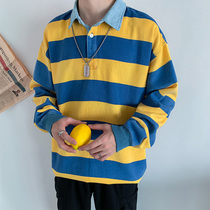 Autumn new mens ins long sleeve striped polo shirt vests retro tide card students casual wild top handsome