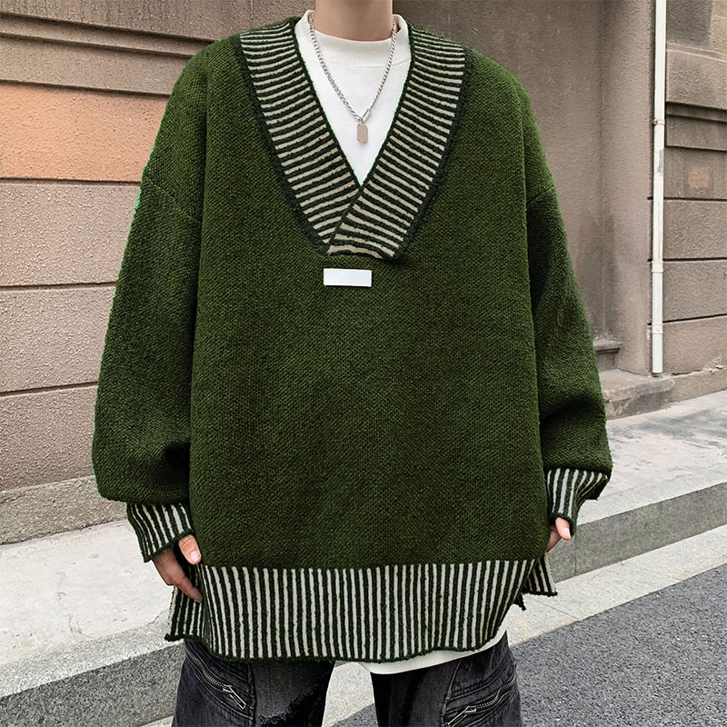 Retro Splicing Deep V-Neck Design Casual Long-Sleeved Sweater for Men and Women Basic Loose Silhouette Pullover Knitted Top Retro Splicing Deep V-Neck Design Casual Long-Sleeved Sweater for Men and Women Basic Loose Silhouette Pullover Knitted Top