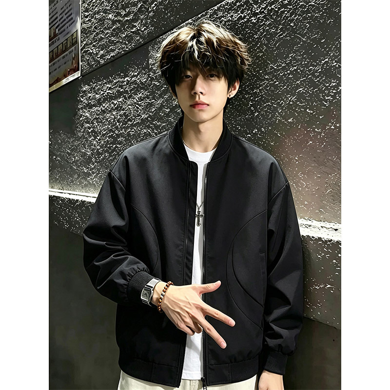 Cleanfit Short Bomber Jacket Men's Stand-Up Collar Zipper Black Silhouette Baseball Jacket Casual Autumn