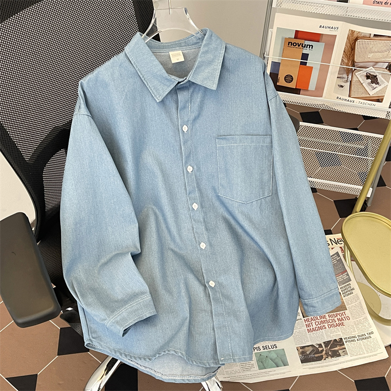 Light Blue Lapel Denim Shirt for Men and Women, Korean Style Niche 2025 Spring and Autumn Loose Long-Sleeved Design with Drape Effect Shirt