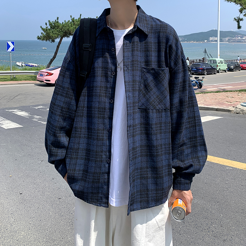 American Retro Plaid Shirt for Men, Korean Style Long-Sleeved ins Hong Kong Style Japanese Couple Outerwear Base Shirt Jacket