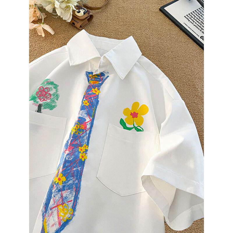 Crayon Hand-Painted Tie Shirt, Unisex Short-Sleeved Fresh Print T-Shirt, Loose and Fun Graffiti Shirt, Half-Sleeve