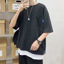 Net red fake two-piece t-shirt mens short-sleeved tide brand hip-hop summer loose ins student Korean version of the couples top trend