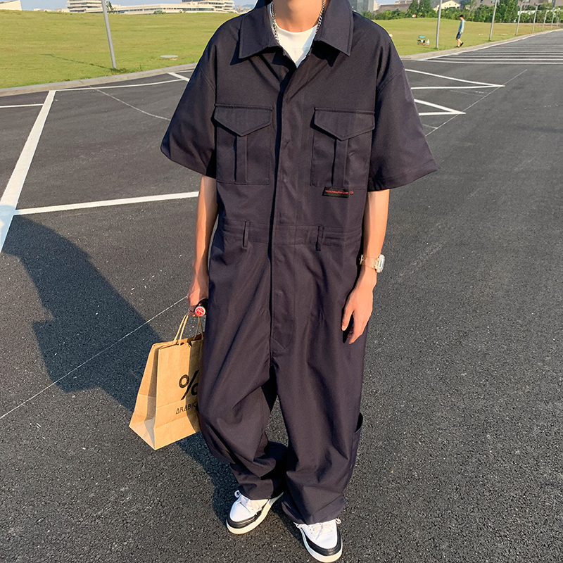 American-Style Functional Workwear Short-Sleeve Jumpsuit Set for Men and Women, Trendy Loose Overalls with Suspenders, Long Pants, Trendy