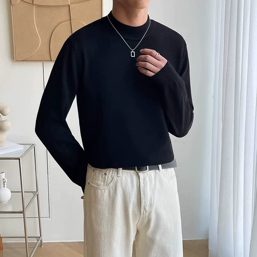 Мужской демисезонный цветной базовый трендовый трикотажный свитер для отдыха, высокий воротник, в корейском стиле
