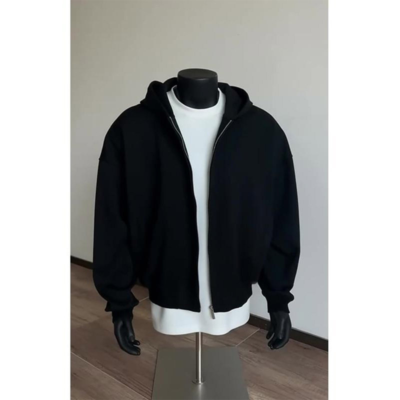 Black Short Wide Cardigan Double Zipper Sweatshirt Men's Autumn and Winter American Style Heavy Cleanfit Stiff Hoodie Jacket
