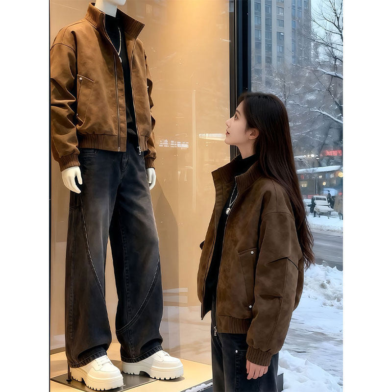 Melard Style Coffee-Colored Tie-Dye Leather Jacket Unisex Stand Collar Workwear Short Sports Baseball Jacket Top