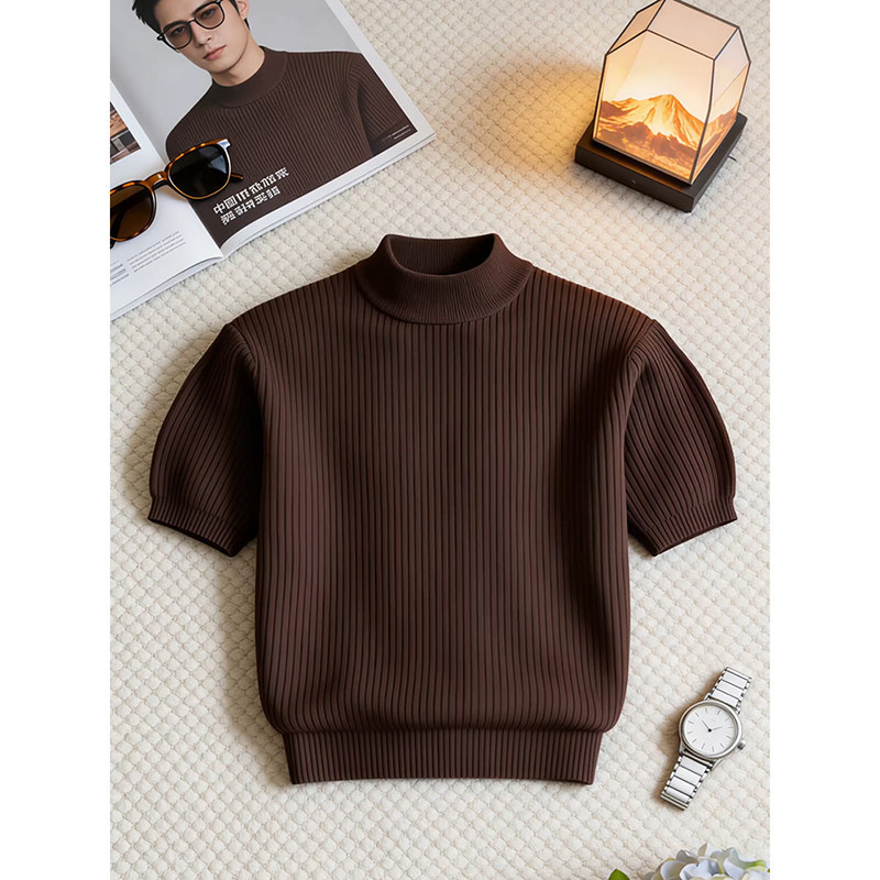 Knitted Cuff T-Shirt, Short-Sleeved Men's Style, Muscle-Enhancing Short-Sleeved Fitness Summer Half-High Collar Old Money Style Regular Shoulder T-Shirt Knitted Cuff T-Shirt, Short-Sleeved Men's Style, Muscle-Enhancing Short-Sleeved Fitness Summer Half-High Collar Old Money Style Regular Shoulder T-Shirt