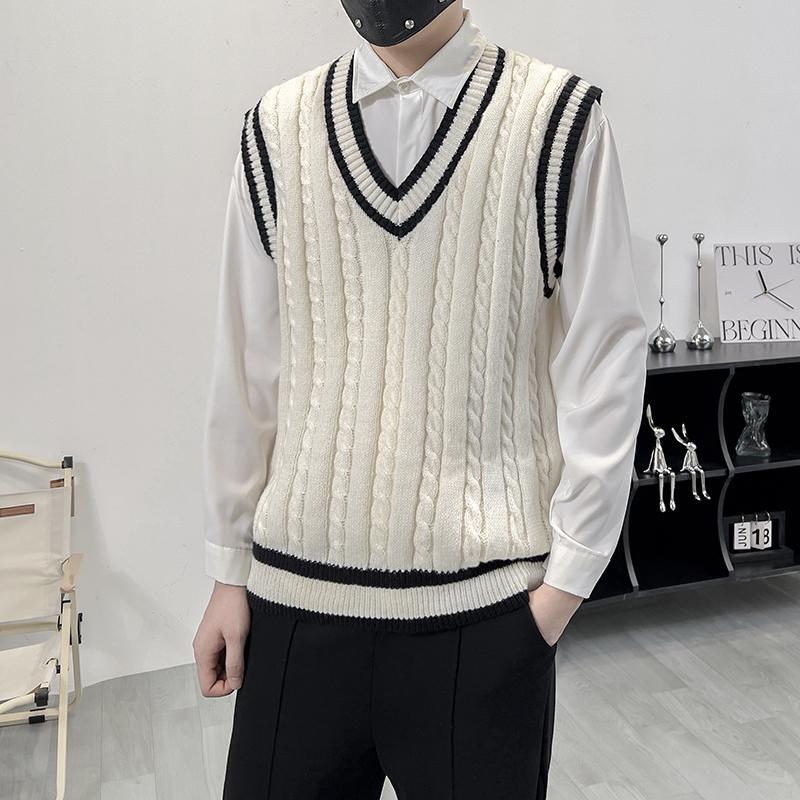 Retro Braided Twist Color-Blocked Vest Vest for Men, Layered Wear, Sleeveless Vest, Knitted Sweater Vest
