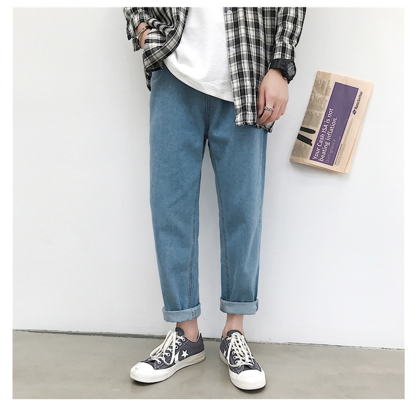 Mùa hè mới của nam Hàn Quốc 2019 quần jeans bến cảng màu rắn thẳng quần harem lỏng lẻo quần âu - Crop Jeans quần âu nam