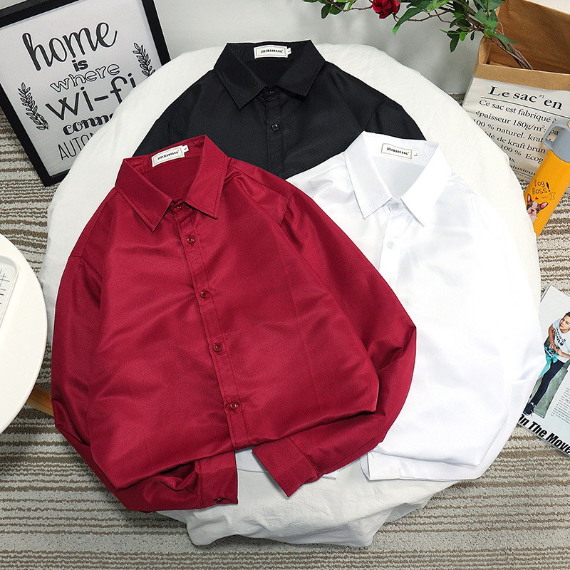 Hong Kong Style Chic Solid Color Shirt for Men, Handsome ins Korean Version Trendy Versatile Bf Student Shirt Long Sleeve Class Uniform