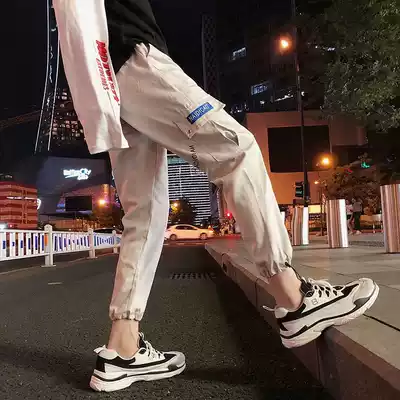 New summer net red pants of the same style men's nine-point trend ins overalls men's trend brand tie-foot harem pants Hong Kong style