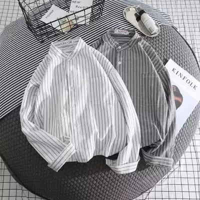 2021 new Hong Kong style striped white shirt men's shirt long-sleeved casual loose jacket men's shirt Korean version of the trend