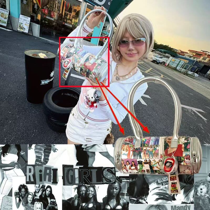 Riri Girls Original Full-Print European and American Portrait Y2K Laser Pu Shoulder Bag Handbag