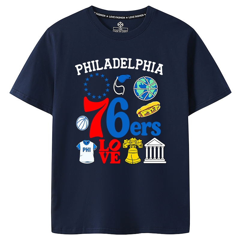 76Ers Embiid Style Short-Sleeved T-Shirt, Round Neck, Pure Cotton, Unisex, Sports Breathable Casual Basketball Jersey