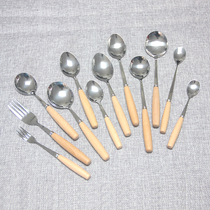 Full of three natural beech handle stainless steel spoon household drop resistant wooden handle metal spoon Fork coffee spoon
