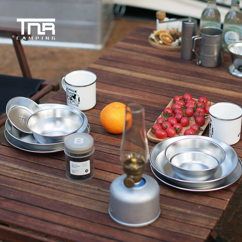 TNR outdoor self-driving tour portable set stainless steel tableware dinner plate soup bowl dish 20-piece set is easy to store