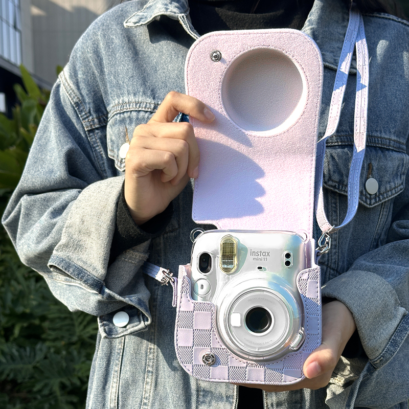 Fuji Mini12 Camera Bag Protective Shell Polaroid Protective Cover Instax Mini 12 Cosmetics Bag Mini11 Universal Checkerboard Plaid Leather Retro Fresh and Cute Mini 12 Crossbody Bag