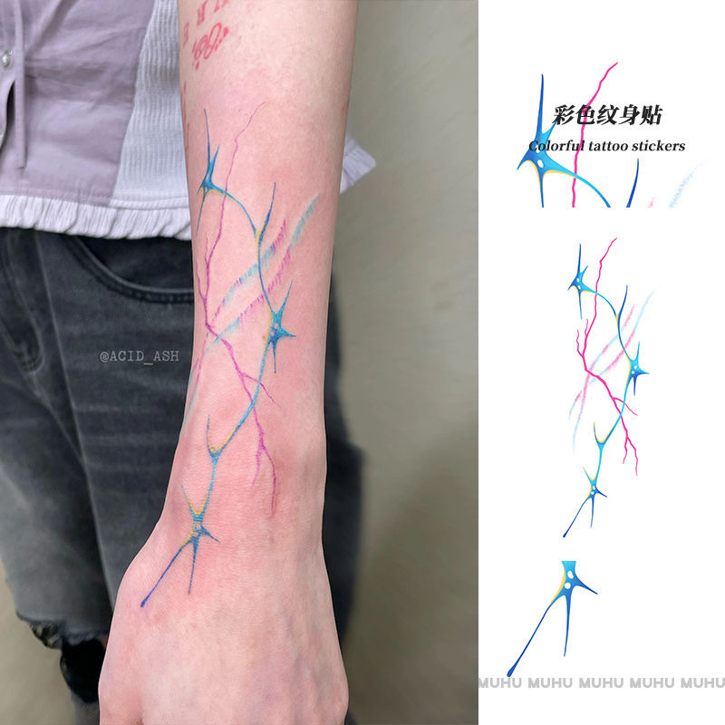 High-Quality ins Beautiful Dopamine Tattoo Stickers, Herbal Semi-Permanent Colorful Girly Arm Line Lightning Design