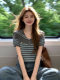 Summer Outfit Set 2026: Very Stylish Navy Collar Striped Knit Top and Straight-Leg Jeans Slimming Set