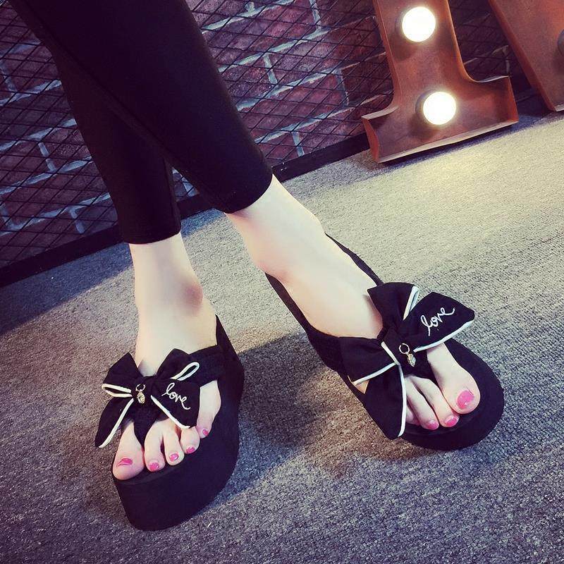 Tide brand 2022 summer new bow wedge slippers women's Korean version sweet sponge cake thick-soled beach shoes flip-flops