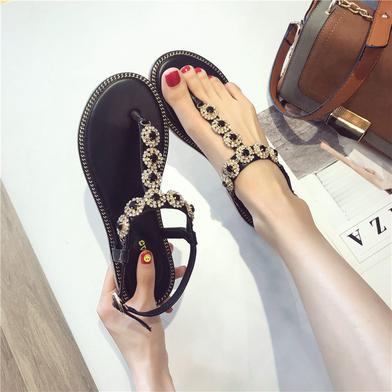 Tide brand rhinestone clip-on sandals women's 2022 summer new Korean version fashion all-match flat shoes Bohemian beach shoes