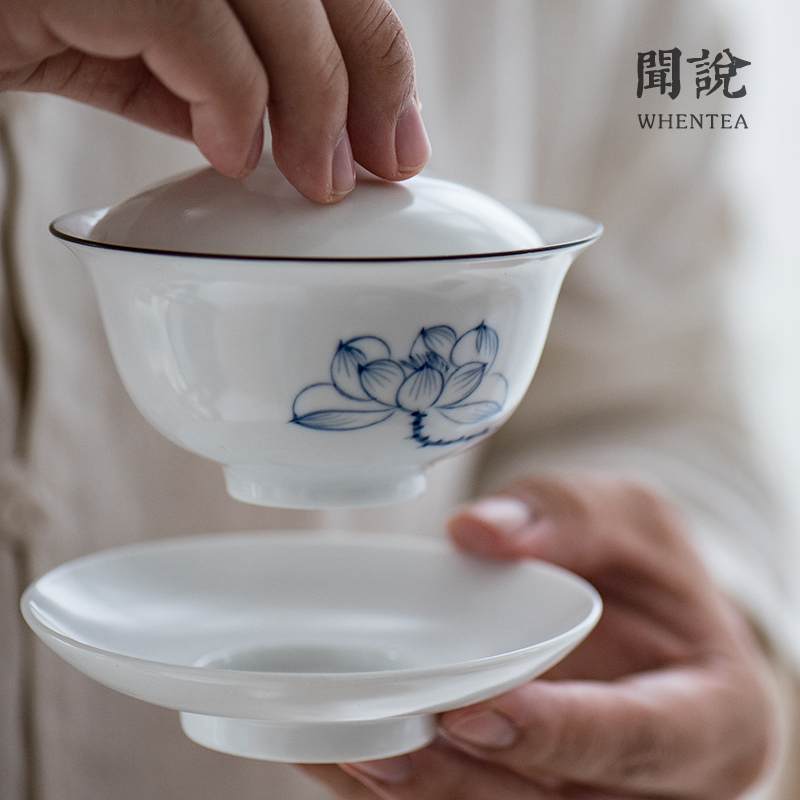 Pure hand-painted lotus Gaiwan Jingdezhen Sansai handmade tea bowl underglaze color matte fat white porcelain thin tire