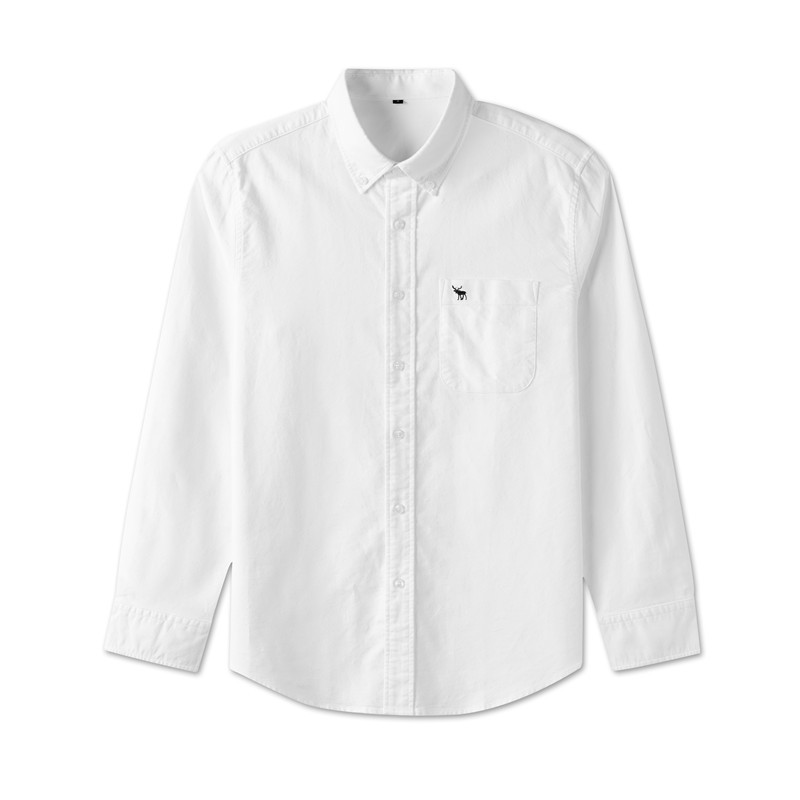 Af Fawn Embroidery Pure Cotton White Long Sleeve Shirt for Men, Oxford Fabric, Spring and Autumn Casual Men's Shirt, Youth Simple Style
